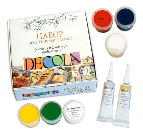 Набор  красок для стекла и керамики Decola, 5x20 ml+разбавитель+2 к