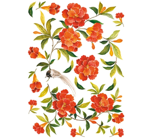 Рисовая бумага Calambour «Оранжевые цветы и птичка», 35*50 см