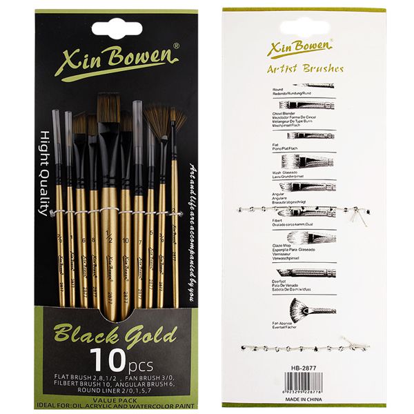 Набір синтетичних пензлів GOLD/BLACK SET, довга ручка, 10 шт (акрил/олія) XIN BOWEN - фото 4