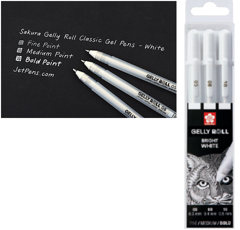 Набір гелевих ручок BASIC WHITE, білий, 3 розміри (5,8,10). Sakura 