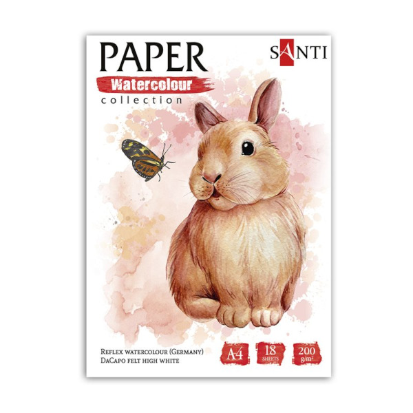Папір для акварелі SANTI Animals A4, Paper Watercolour Collection, папка 18 л., 200 г/м2