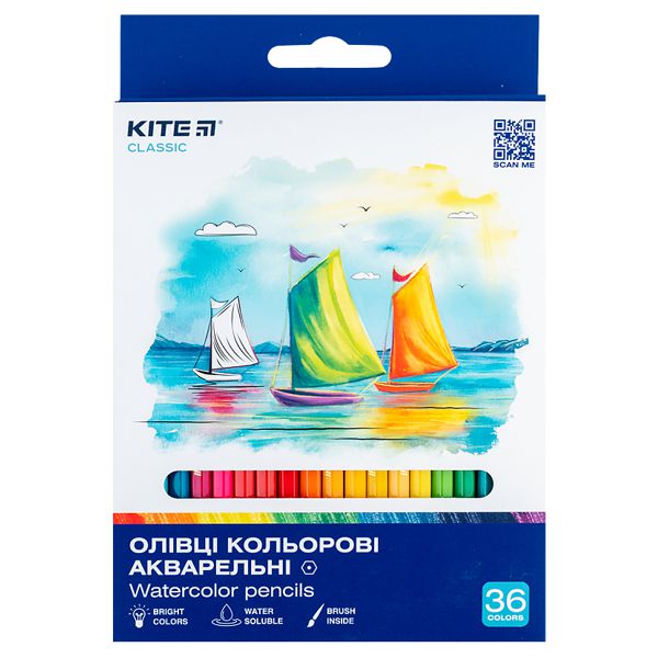 Карандаши цветные акварельные 36 шт. с кисточкой Kite Classic - фото 1