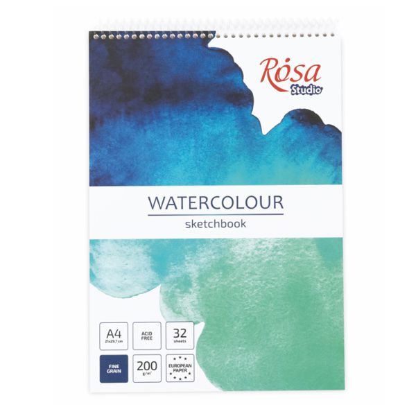 Скетчбук для акварели на спирали А4, 200г/м2, 32 л, белая бумага, Бирюза, ROSA Studio - фото 1