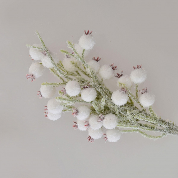 Ветка декоративная с белыми ягодами, заснеженная, 11-30 см