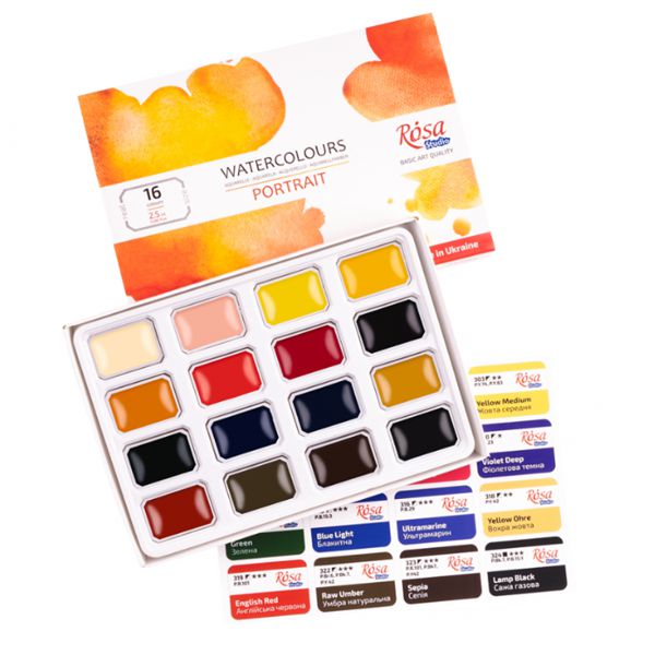 Набор акварельных красок PORTRAIT 16*2,5мл, кювета, картон, ROSA Studio - фото 1