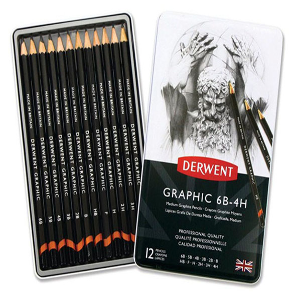 Набор чернографитных карандашей GRAPHIC MEDIUM, 6B-4H Derwent, в метал. упаковке, 12 шт/уп.