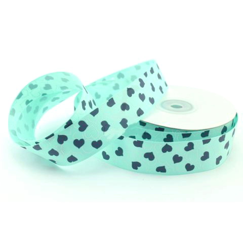 Лента репсовая декоративная "Сердечки", бирюзовая, 2,5 см/1 метр