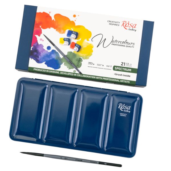 Набір акварельних фарб SPECTRUM, 21*2,5мл, кювета, +пензель, Індіго метал. пенал, ROSA Gallery - фото 3