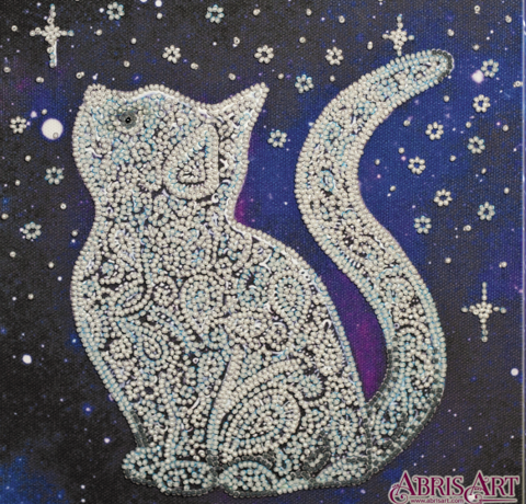 Набор-миди для вышивки бисером на натуральном худ. холсте «Звездный кот» (20x20 см). AbrisArt