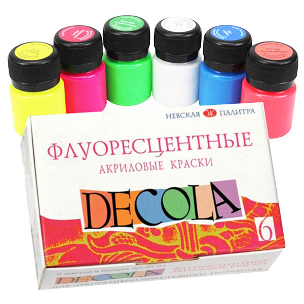 Набір акрилових флуоресцентних фарб DECOLA ЗХК, 6х20 ml 
