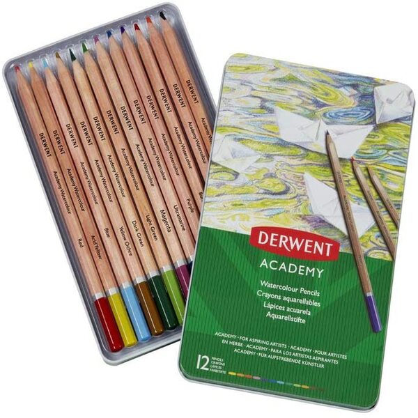 Набір акварельних олівців Academy Watercolour Derwent в метал. коробці, 12 шт/уп. 