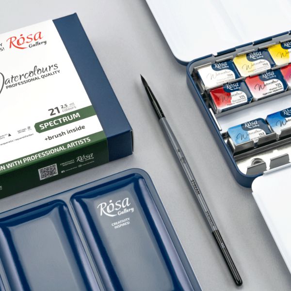 Набір акварельних фарб SPECTRUM, 21*2,5мл, кювета, +пензель, Індіго метал. пенал, ROSA Gallery - фото 4