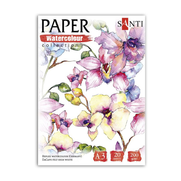 Папір для акварелі SANTI Flowers A3, Paper Watercolour Collection, папка 20 л., 200 г/м2