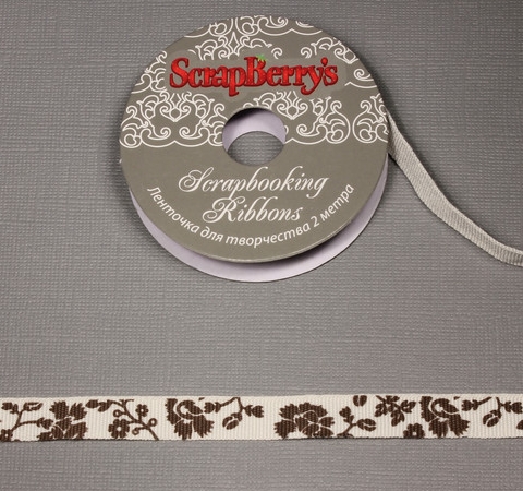 Лента белая с коричневым принтом, ScrapBerry's, хлопок, 2 м/уп