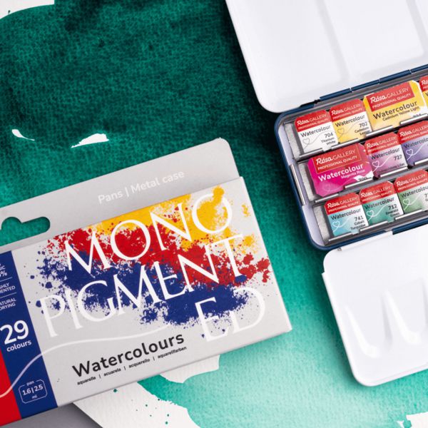 Набор акварельных красок MONOPIGMENTED, 29цв.(22*1,6мл+7*2,5мл), микс кювет, Индиго метал. пенал (M) - фото 2