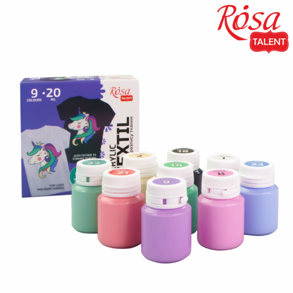 Набір акрилових фарб для розпису тканини UNICORN Rosa Talent, пастельні кольори, 9x20 ml - фото 2