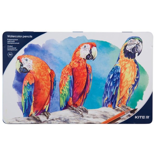 Карандаши цветные акварельные «Птицы» 36 шт, с кисточкой, мет. пенал. Kite - фото 2