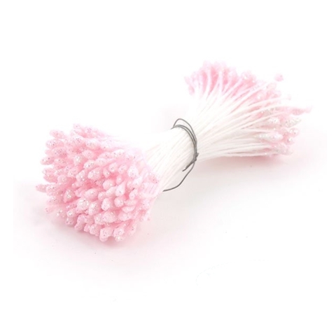 Тичинки для квітів двосторонні з блискітками, Рожеві 55*1 мм, 14 