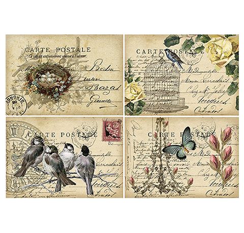 Декупажная карта «Старые открытки с птичками, гнездом и клеткой», А4, 55 г/м2, Decards