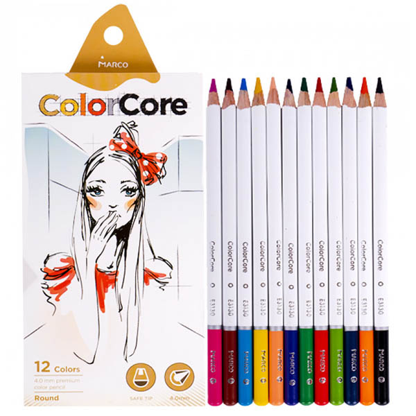 Набір кольорових олівців Marco (білий корпус), товщина грифеля 4 мм, 12 кольорів. 