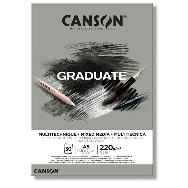 Canson Блок бумаги для разных техник Graduate Mix Media Grey, 220 гр, А5, 14,8х21см. 30л - фото 1