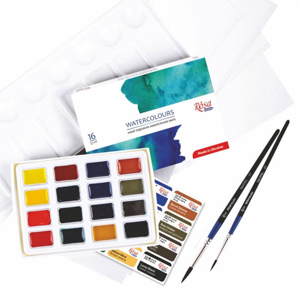 Набір матеріалів для акварельного живопису (фарби, пензлі, папір, палітра), ROSA Studio  - фото 2
