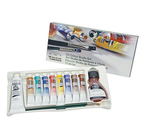 Набор масляных красок Winsor Winton Studio Set,  8х21 ml + белила 60 мл, растворитель + кисть