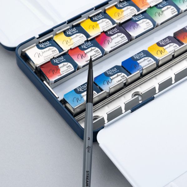 Набір акварельних фарб SPECTRUM, 21*2,5мл, кювета, +пензель, Індіго метал. пенал, ROSA Gallery - фото 5