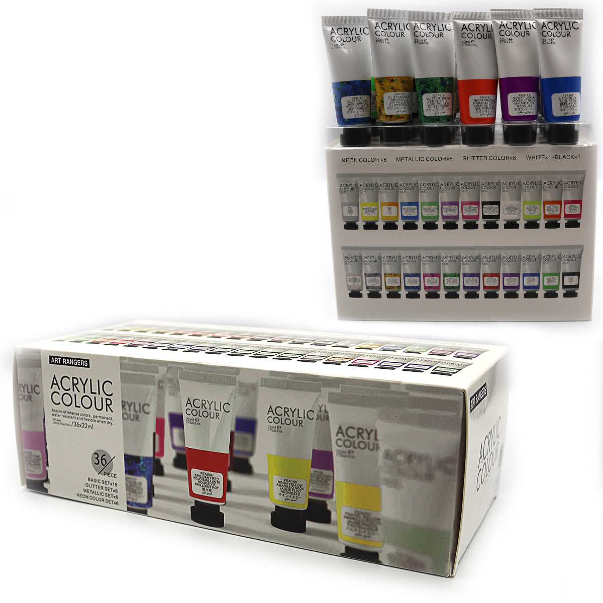 Набір акрилових фарб JO Art ranger (18 Basic colours+6 Glitter+6 Metal.+6 Neon+), 36x22 мл