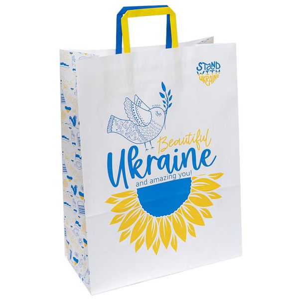 Паперовий крафт-пакет, білий "Ukraine", 32х15х42 см