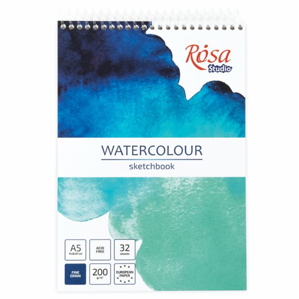 Скетчбук для акварели на спирали А5, 200г/м2, 32 л, белая бумага, Бирюза, ROSA Studio - фото 1