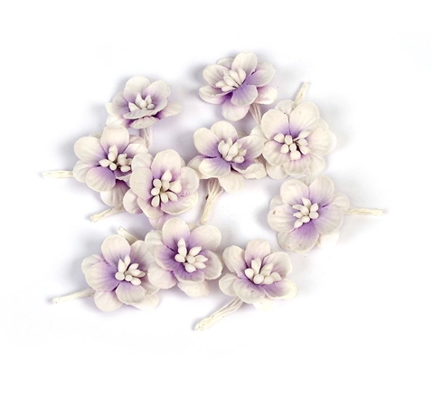 Цветы вишни из шелковичной бумаги, Белые с фиолетовым, 10 шт.