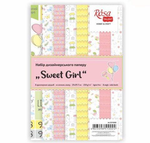 Набор дизайнерской бумаги «Sweet Girl» А4, 250 г/м2, 8 л., Rosa Talent - фото 1