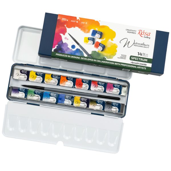 Набір акварельних фарб SPECTRUM ROSA Gallery, 14x2,5 ml, кювета, +пензель, Індіго метал. пенал - фото 1