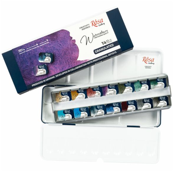 Набор акварельных красок "GRANULATION", 14*2,5мл, кювета, Индиго металл. пенал, ROSA Gallery - фото 4