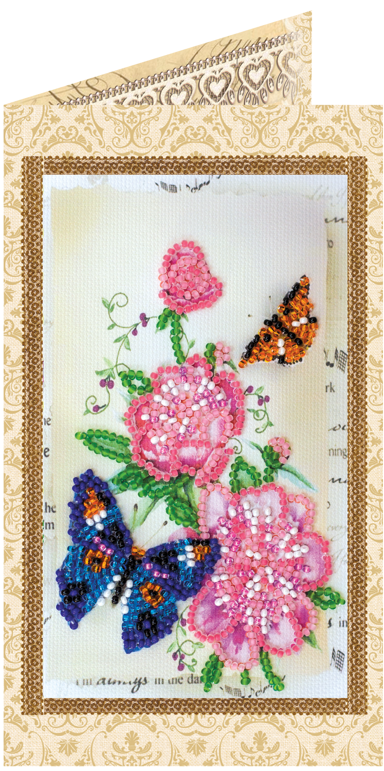 Набор для вышивки бисером «Открытка» Цветы и бабочки (8.4*14 см)