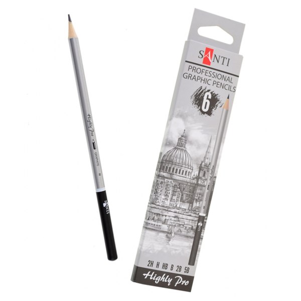 Набір чорнографітних олівців "Santi Highly Pro", 6 шт (HB, 2H, H, B, 2B, 5B).  - фото 1