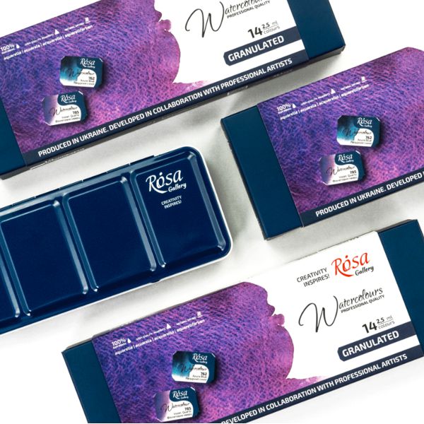 Набор акварельных красок "GRANULATION", 14*2,5мл, кювета, Индиго металл. пенал, ROSA Gallery - фото 5