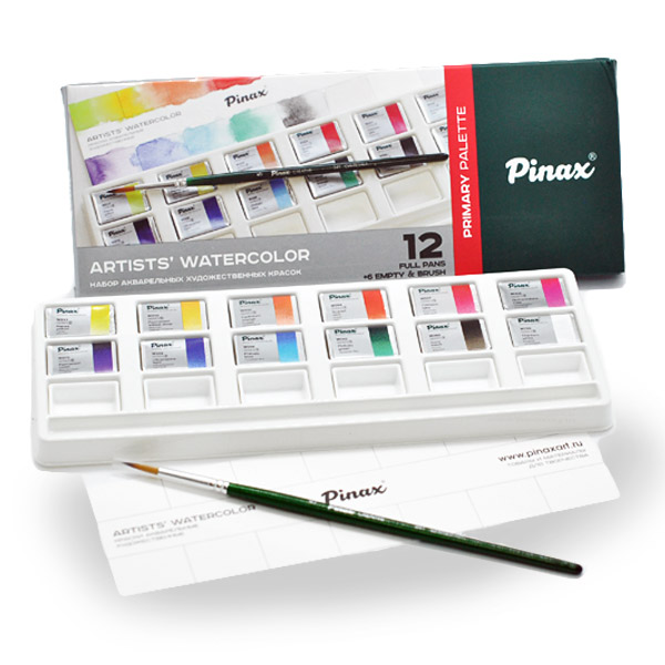 Набор акварельных красок Pinax «Основная палитра» (12 цветов +6 пустых кювет+кисть №5) - фото 1