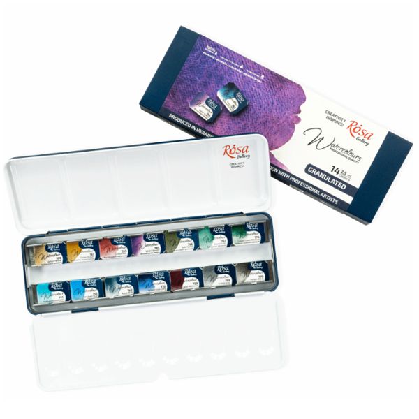 Набор акварельных красок "GRANULATION", 14*2,5мл, кювета, Индиго металл. пенал, ROSA Gallery - фото 1