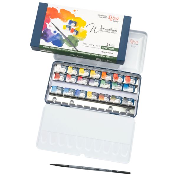 Набір акварельних фарб SPECTRUM, 21*2,5мл, кювета, +пензель, Індіго метал. пенал, ROSA Gallery - фото 1