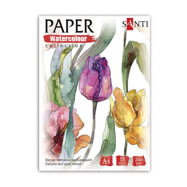 Бумага для акварели SANTI «Flowers» A4, Paper Watercolour Collection, папка 18 л., 200 г/м2