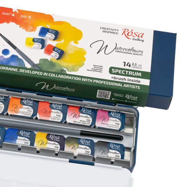 Набір акварельних фарб SPECTRUM ROSA Gallery, 14x2,5 ml, кювета, +пензель, Індіго метал. пенал - фото 2