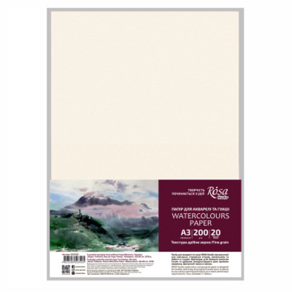 Папір для акварелі ROSA Studio А3 (29,7х42см) 20 листів, дрібне зерно, 200г/м2 - фото 1