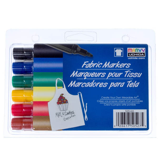 Набор маркеров для росписи светлой ткани Marvy, классические цвета, 6 шт/уп. - фото 1