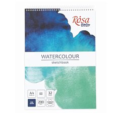 Скетчбук для акварели на спирали А4, 200г/м2, 32 л, белая бумага, Бирюза, ROSA Studio