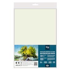 Бумага для акварели, пакет, А4 (21*29,7см), 220-200г/м2, 20л, Среднее + Мелкое зерно, ROSA Studio