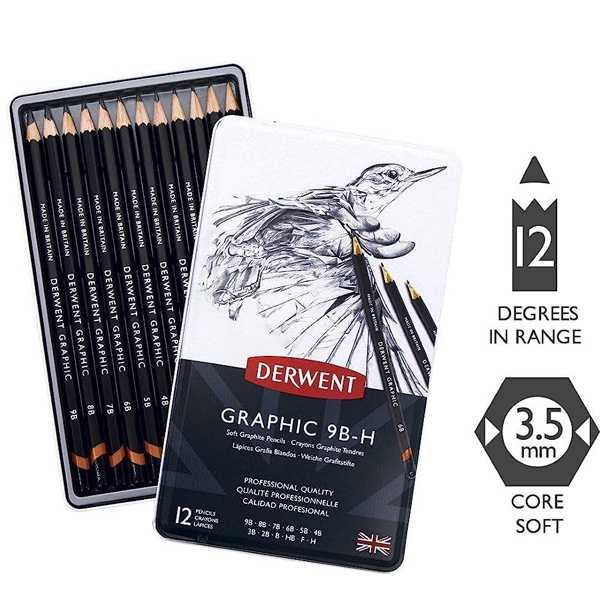 Набор чернографитных карандашей GRAPHIC Soft, 12 шт (9B-H), в металлической упаковке, Derwent